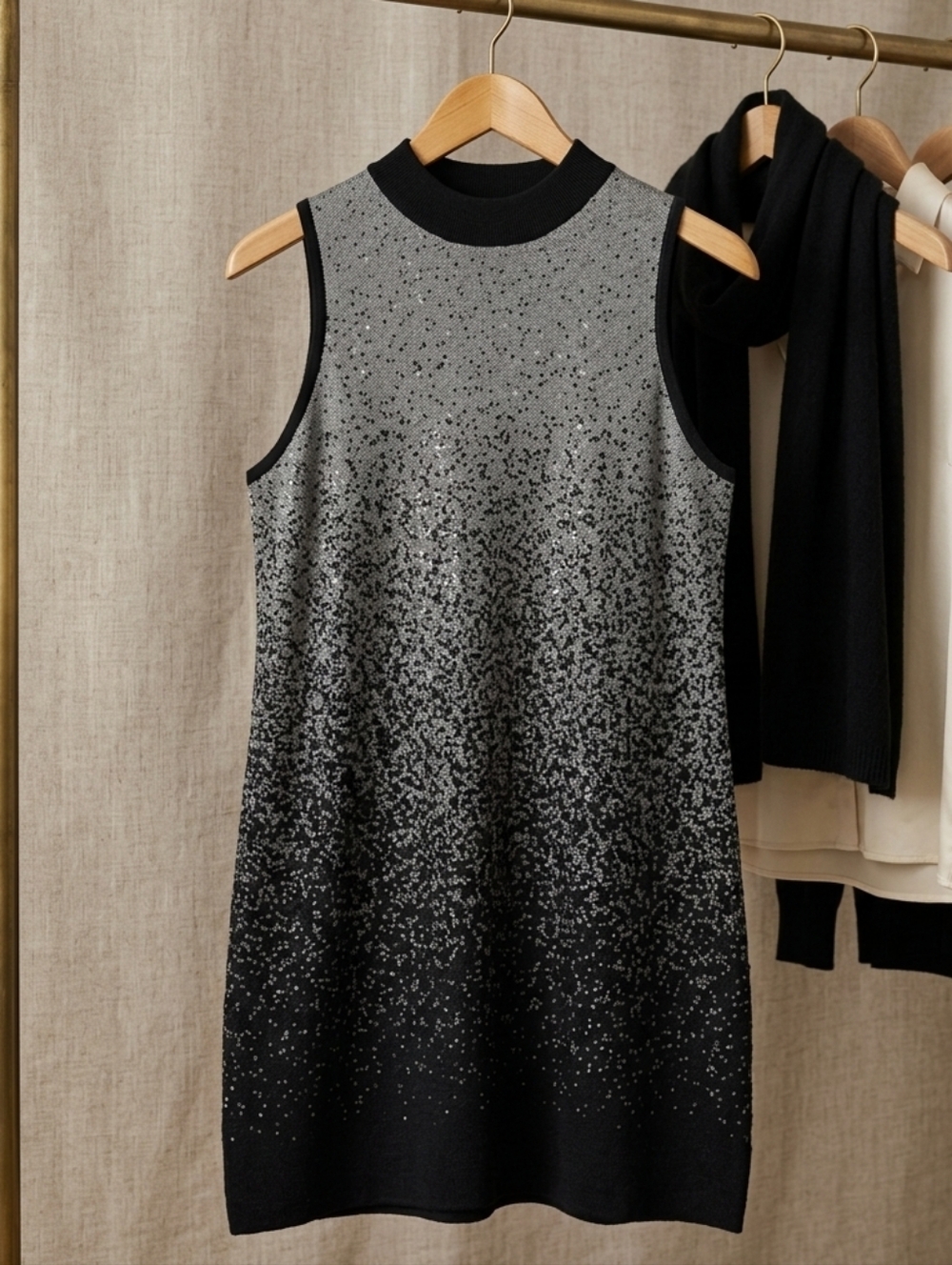 SIMPLY VERA WANG Gray Black Gradient Speckled High Neck Sleeveless Mini Dress